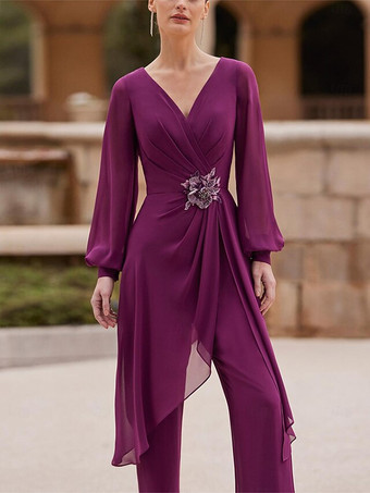 プラムジャンプスーツ マザードレス Vネック 長袖 アップリケ ウェディングゲストドレス