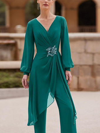 ブルーグリーンジャンプスーツ マザードレス Vネック 長袖 アップリケ ウェディングゲストドレス