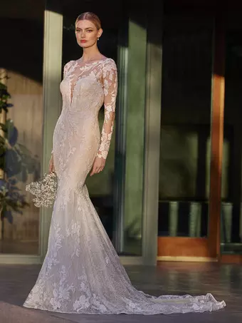 Mermaid Wedding Dress Illusion Neckline Long Sleeves Natural Waist Lace with Train Bridal Gowns