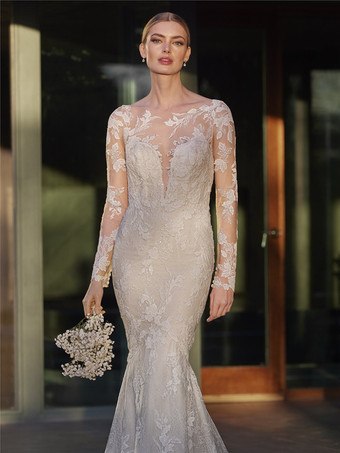 マーメイドウェディングドレス イリュージョンネックライン ロングスリーブ ナチュラルウエスト レース トレーン付き ブライダルガウン