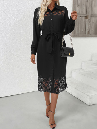 2025年秋冬 ベルトとサイドスリット付き 長袖 レーストリム ミディ丈シャツドレス