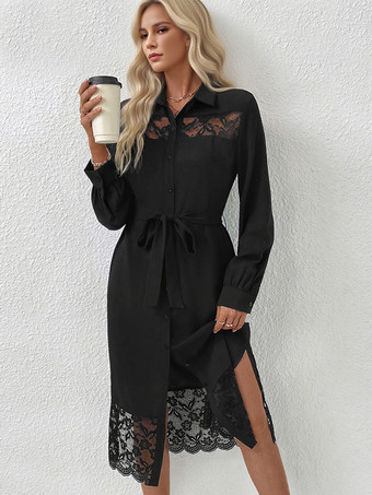 ブラック 2025年秋冬 ベルトとサイドスリット付き 長袖 レーストリム ミディ丈シャツドレス