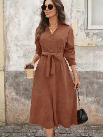knee length dresses for ladies Aspiga Ladies Sustainable Victoria V-Neck Long Sleeve Stretch Cotton Winter  Wedding Guest Evening Corduroy Dress Atlantic Blue main image 1