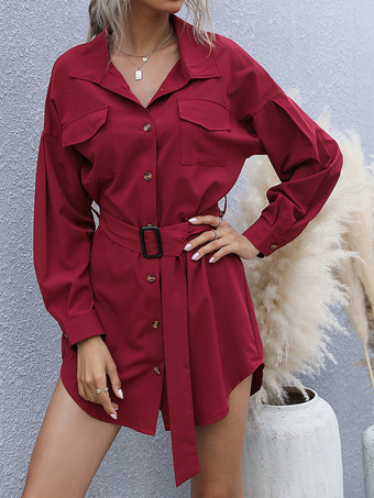 2025年秋冬 長袖ベルト付きミニカーゴシャツドレス