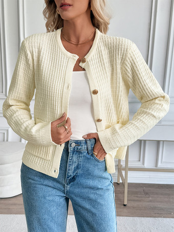 2025年秋冬向けベージュの長袖クルーネックニットカーディガン