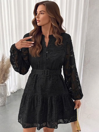 ブラック 2025年秋冬 ベルト付き長袖ジャカードミニスケータードレス