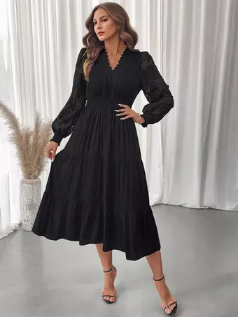 black long sleeve tiered midi dress Cuff Sleeve Tiered Midi Dresses