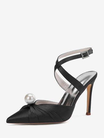 ブラック サテンハイヒールウェディングシューズ、ポインテッドトゥパールスリングバックパンプス