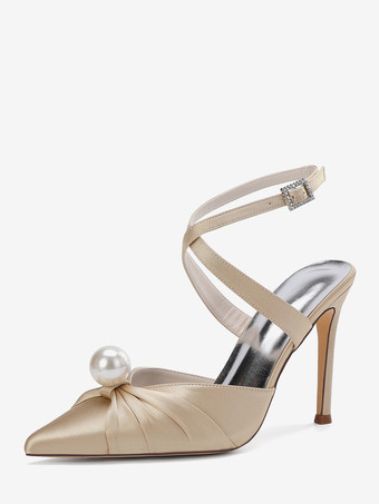 シャンパンカラーサテンハイヒールウェディングシューズ、ポインテッドトゥパールスリングバックパンプス