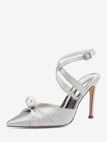 シルバー サテンハイヒールウェディングシューズ、ポインテッドトゥパールスリングバックパンプス