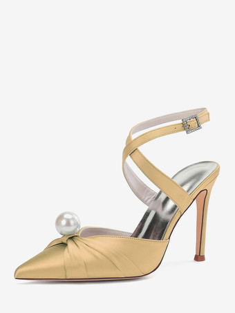 ゴールド サテンハイヒールウェディングシューズ、ポインテッドトゥパールスリングバックパンプス