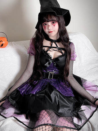 パープル ハロウィン ゴシック 魔女 コスチューム レース ダーク フェアリー ロールプレイ ドレス