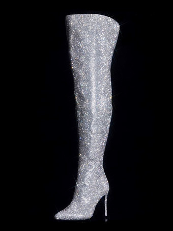 ホワイト セクシーなサイハイブーツ、ラインストーン付きポインテッドトゥ、ジップアップハイヒール、オーバーニーブーツ