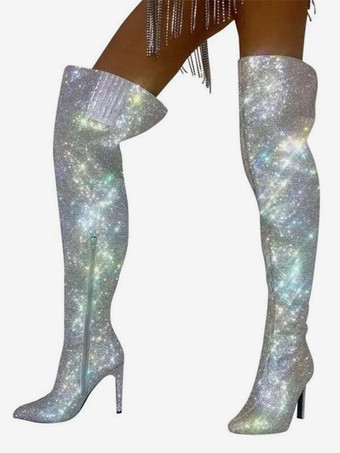 セクシーなサイハイブーツ、ラインストーン付きポインテッドトゥ、ジップアップハイヒール、オーバーニーブーツ