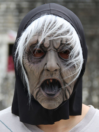ブラック ハロウィンの白髪魔女マスク 怖い老婦人ヘッドピース