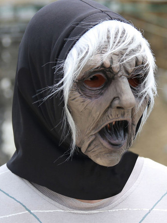 ハロウィンの白髪魔女マスク 怖い老婦人ヘッドピース