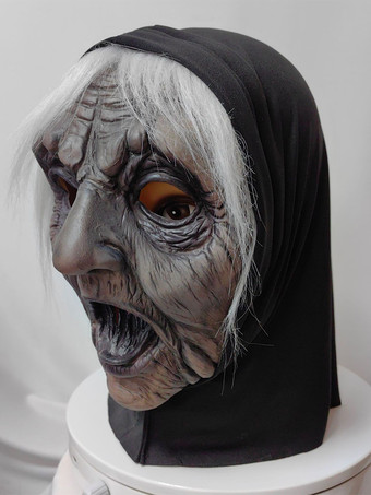 ハロウィンの白髪魔女マスク 怖い老婦人ヘッドピース