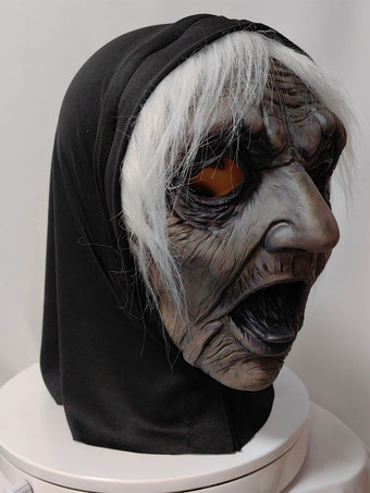 ハロウィンの白髪魔女マスク 怖い老婦人ヘッドピース