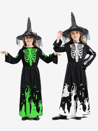 ブラック 暗闇で光る魔女のハロウィンドレスコスチューム（子供用）