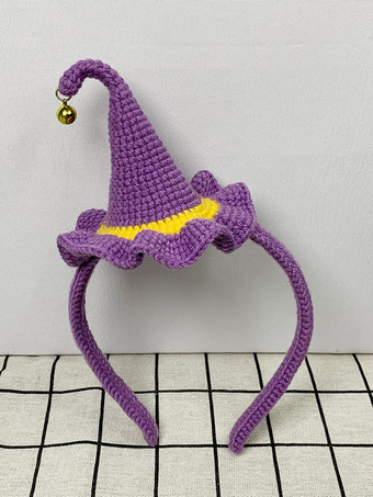 パープル 手編みのハロウィンヘッドドレス、魔女の帽子、ヘアクリップ、女の子向けの編みぐるみパーティーの記念品