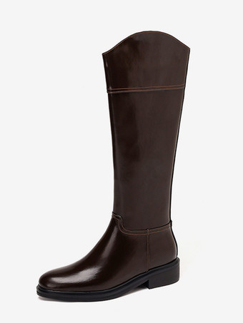 ディープブラウンブラック乗馬ブーツ レディース ラウンドトゥ フラットブーツ