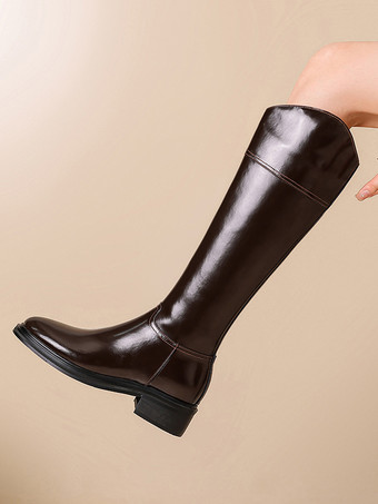 ブラック乗馬ブーツ レディース ラウンドトゥ フラットブーツ