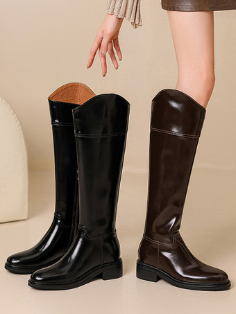 ブラック乗馬ブーツ レディース ラウンドトゥ フラットブーツ