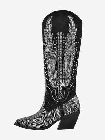 ブラック ブラックウエスタンブーツ ポインテッドトゥ ラインストーン フラットニーハイブーツ