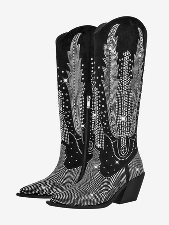 ブラックウエスタンブーツ ポインテッドトゥ ラインストーン フラットニーハイブーツ