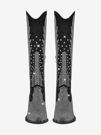 ブラックウエスタンブーツ ポインテッドトゥ ラインストーン フラットニーハイブーツ