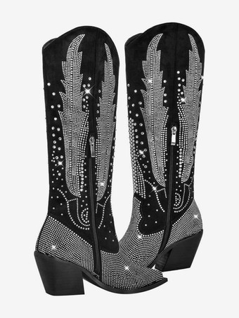 ブラックウエスタンブーツ ポインテッドトゥ ラインストーン フラットニーハイブーツ