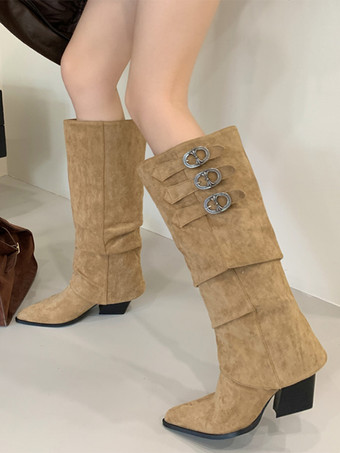 カーキ スエードニーハイブーツ、ポインテッドトゥ、バックルディテール、チャンキーヒール、ウエスタンブーツ