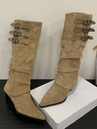 スエードニーハイブーツ、ポインテッドトゥ、バックルディテール、チャンキーヒール、ウエスタンブーツ