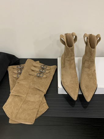 スエードニーハイブーツ、ポインテッドトゥ、バックルディテール、チャンキーヒール、ウエスタンブーツ