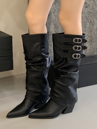 ブラック スエードニーハイブーツ、ポインテッドトゥ、バックルディテール、チャンキーヒール、ウエスタンブーツ