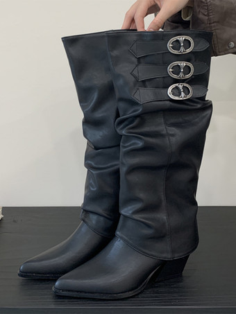 スエードニーハイブーツ、ポインテッドトゥ、バックルディテール、チャンキーヒール、ウエスタンブーツ