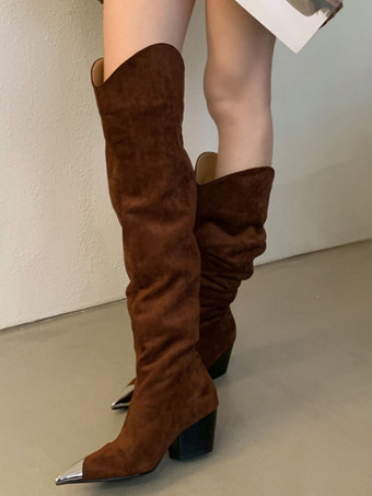 オーバーンレオパード柄ニーハイブーツ ポインテッドトゥ チャンキーヒール スラウチブーツ