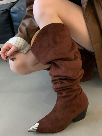 レオパード柄ニーハイブーツ ポインテッドトゥ チャンキーヒール スラウチブーツ