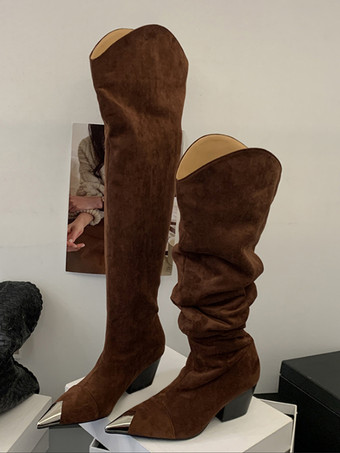 レオパード柄ニーハイブーツ ポインテッドトゥ チャンキーヒール スラウチブーツ