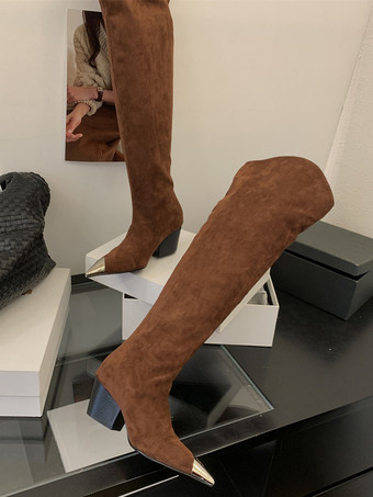 レオパード柄ニーハイブーツ ポインテッドトゥ チャンキーヒール スラウチブーツ