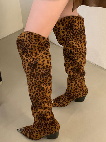レオパード柄ニーハイブーツ ポインテッドトゥ チャンキーヒール スラウチブーツ