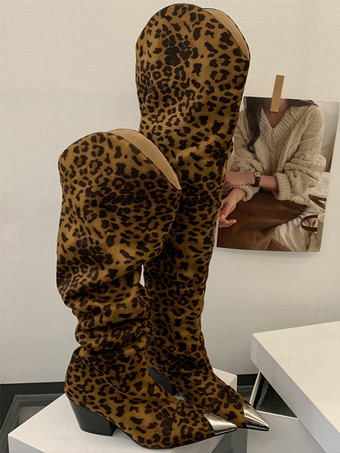 レオパード柄ニーハイブーツ ポインテッドトゥ チャンキーヒール スラウチブーツ