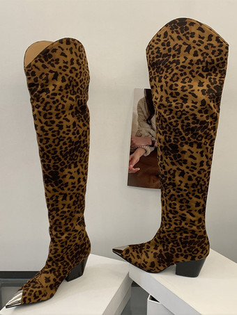 レオパード柄ニーハイブーツ ポインテッドトゥ チャンキーヒール スラウチブーツ