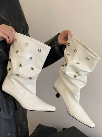 ホワイトアンクルブーツ スクエアトゥ バックルディテール スラウチブーティ