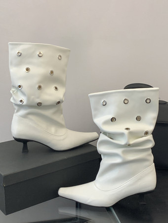 ホワイト ホワイトアンクルブーツ スクエアトゥ バックルディテール スラウチブーティ