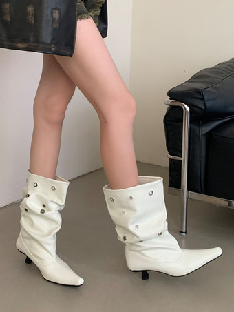ホワイトアンクルブーツ スクエアトゥ バックルディテール スラウチブーティ