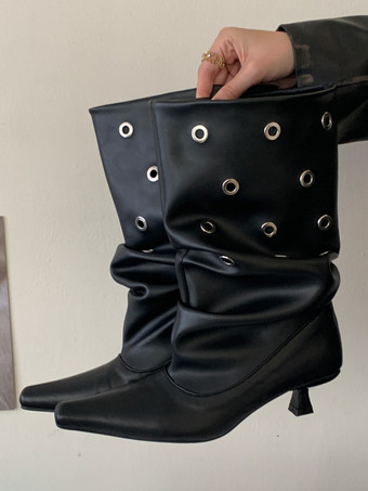 ブラック ホワイトアンクルブーツ スクエアトゥ バックルディテール スラウチブーティ