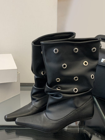 ホワイトアンクルブーツ スクエアトゥ バックルディテール スラウチブーティ