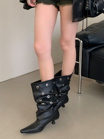 ホワイトアンクルブーツ スクエアトゥ バックルディテール スラウチブーティ