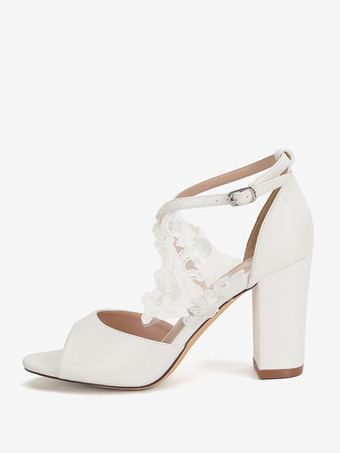 ホワイトブライダルシューズ オープントゥ レースディテール チャンキーヒール ウェディングシューズ